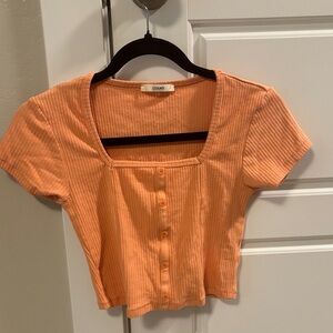 Colin Stuart Pastel Orange Ribbed Square-Neck Button Crop Top